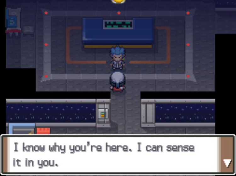 Confronting Team Galactic’s leader for the second time. / Pokémon Platinum