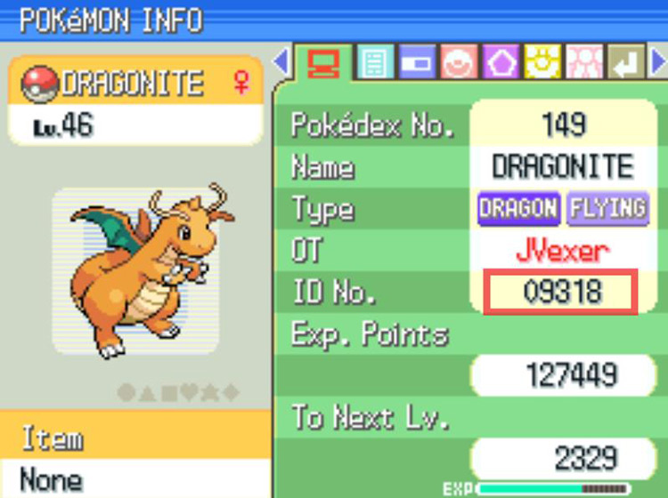 An example of a Pokémon ID. / Pokémon Platinum