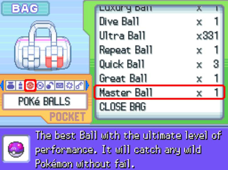The in-game description of the Master Ball. / Pokémon Platinum