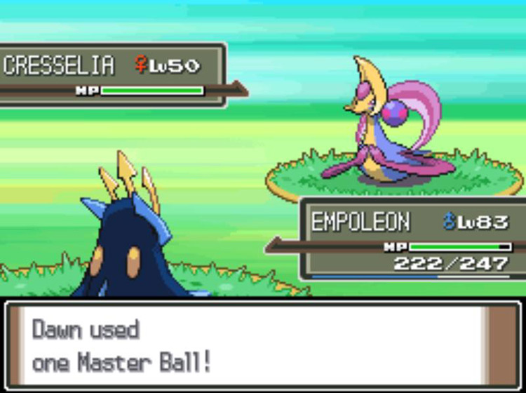 Using a Master Ball on Cresselia, one of the roaming legendary Pokémon. / Pokémon Platinum