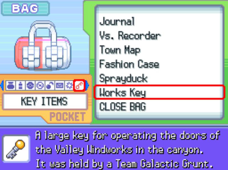 The in-game description of the Works Key / Pokémon Platinum