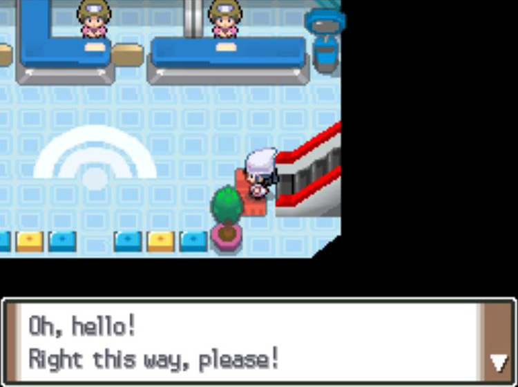 Being called over by Teala during your first visit to the Pokémon Center’s basement / Pokémon Platinum