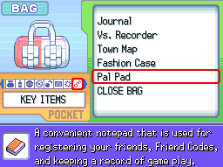The in-game description of the Pal Pad / Pokémon Platinum