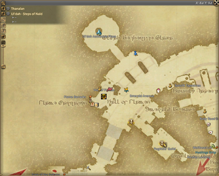 Thancred’s map location at the Hall of Flames / Final Fantasy XIV