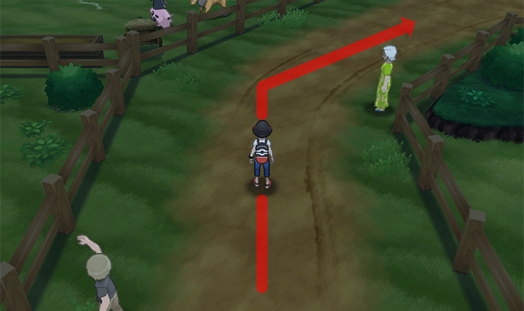 Walking along the dirt path on Paniola Ranch. / Pokémon Ultra Sun and Ultra Moon
