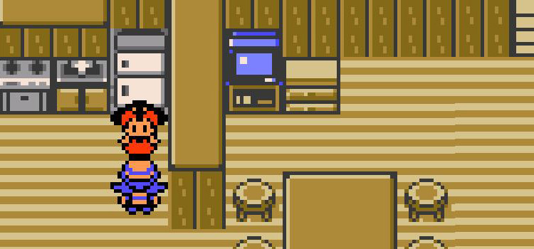 Facing mom in our home in New Bark Town (Pokémon Crystal)