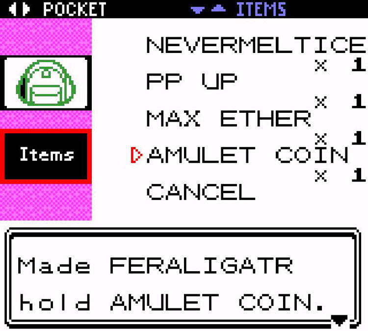 Giving Feraligatr an Amulet Coin. / Pokémon Crystal