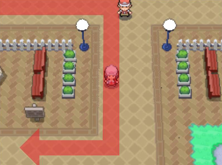 Turning south at the fisherman NPC, then west at the sign. / Pokémon Platinum