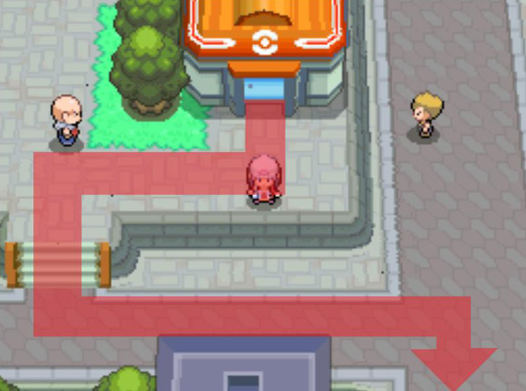 Moving southward from the Veilstone City Pokémon Center. / Pokémon Platinum