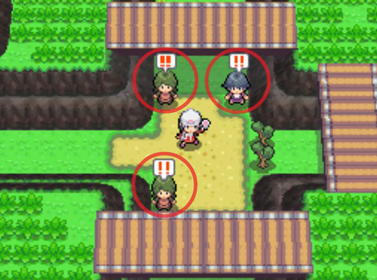 Challenging all three trainers on Route 225 at once. / Pokémon Platinum