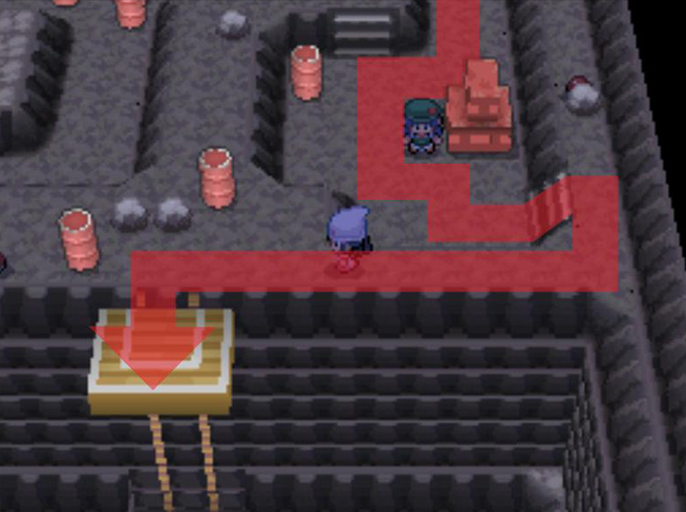 Stepping onto the lift at the southern edge of the cavern / Pokémon Platinum