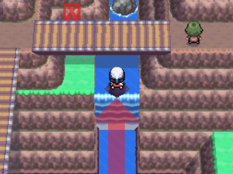 Surfing up the waterfall to search for the Meadow Plate / Pokémon Platinum