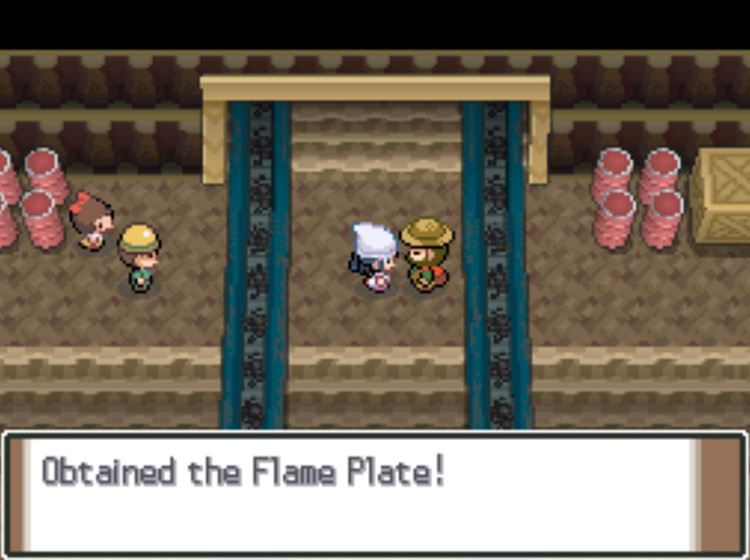 Receiving a Flame Plate from the Hiker NPC in the Oreburgh Mine / Pokémon Platinum
