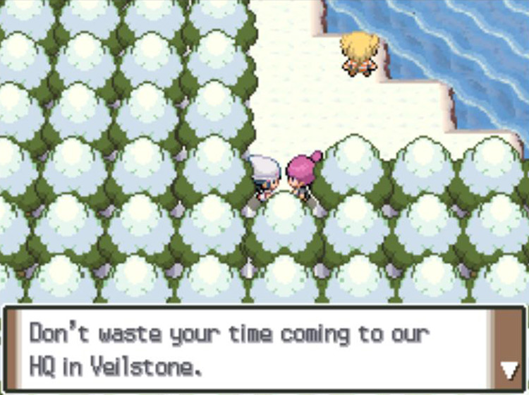 Commander Jupiter revealing a nefarious plot unfolding in Veilstone City / Pokémon Platinum