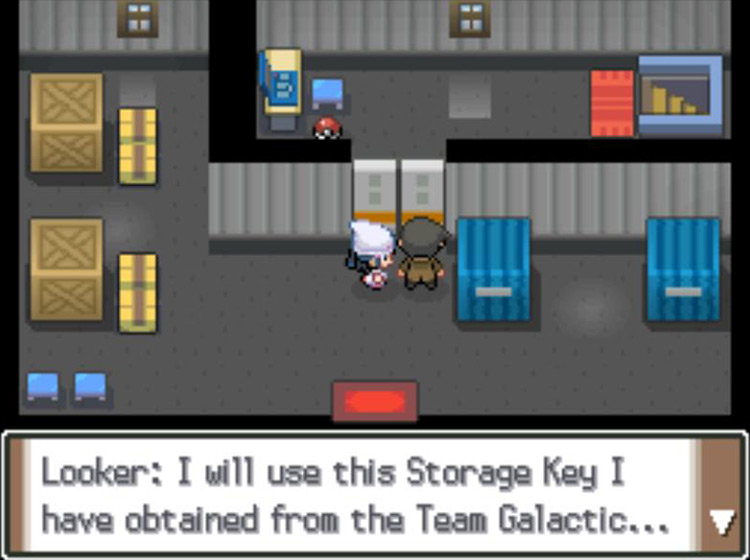 Looker opening the Warehouse’s security door with the Storage Key / Pokémon Platinum