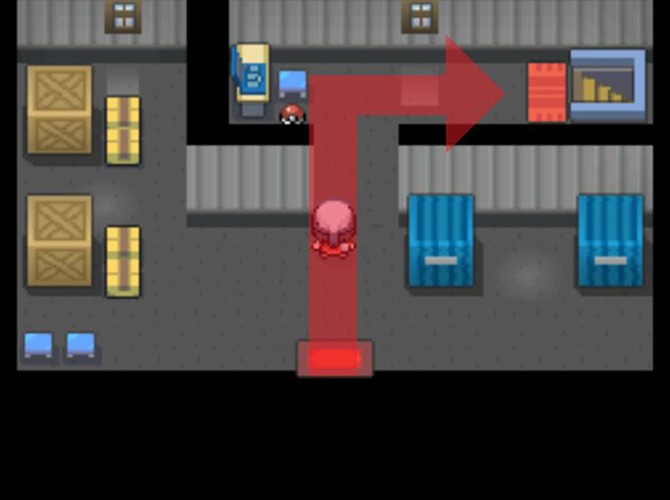 Entering the security door and heading down the warehouse stairs / Pokémon Platinum