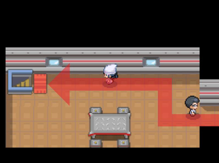 Passing the Scientist trainer and heading for the stairs / Pokémon Platinum