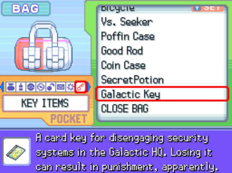 The in-game description of the Galactic Key / Pokémon Platinum