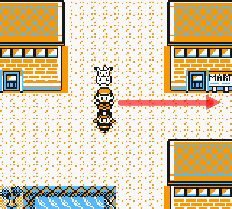 Standing behind the officer next to the Poké Mart / Pokémon Yellow