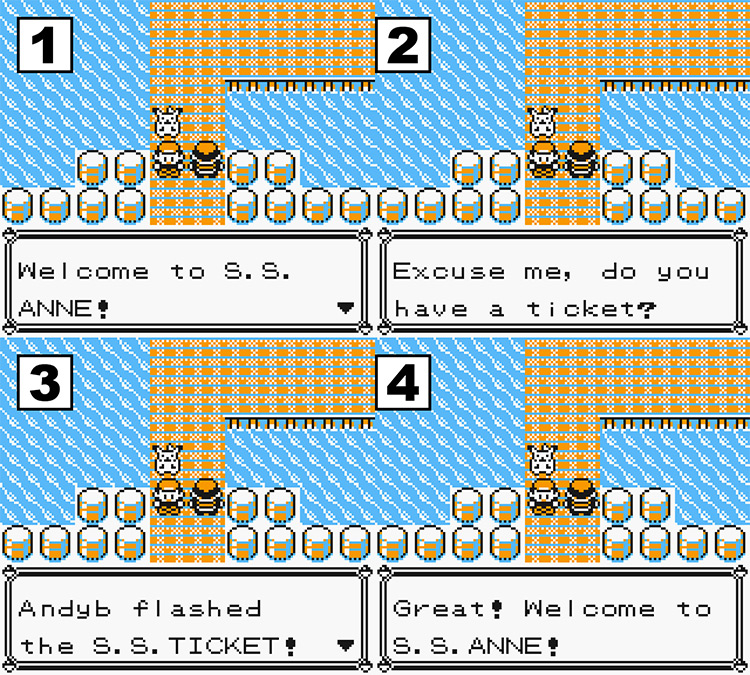 Talking to the ticket checking sailor before heading onto the S.S Anne / Pokémon Yellow