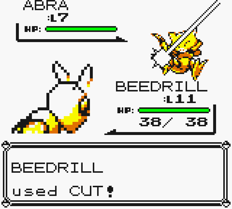 Beedrill using Cut on a wild Abra / Pokémon Yellow