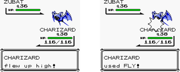 Fly being used in battle. Turn 1 (left) and Turn 2 (right) / Pokémon Yellow