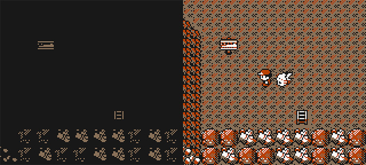 The Rock Tunnel in darkness (Left) and the Rock Tunnel after using Flash (Right) / Pokémon Yellow
