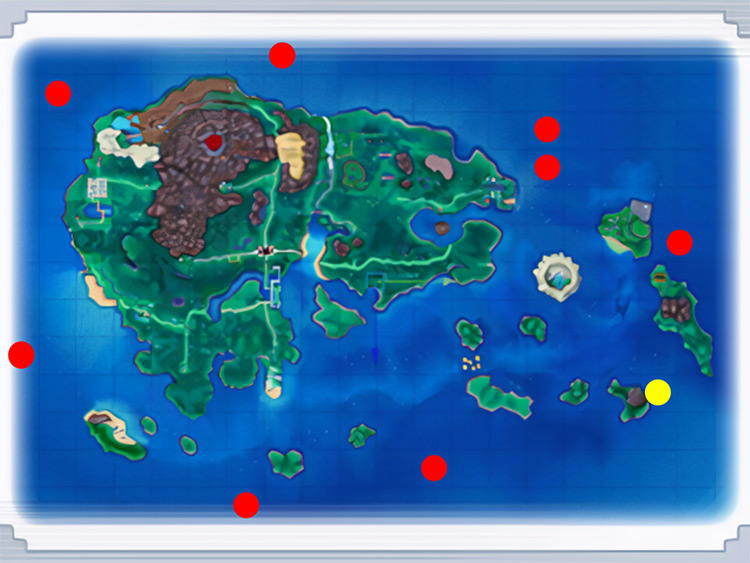 Crescent Isle (Yellow) and every Mirage Forest’s (Red) locations / Pokémon ORAS