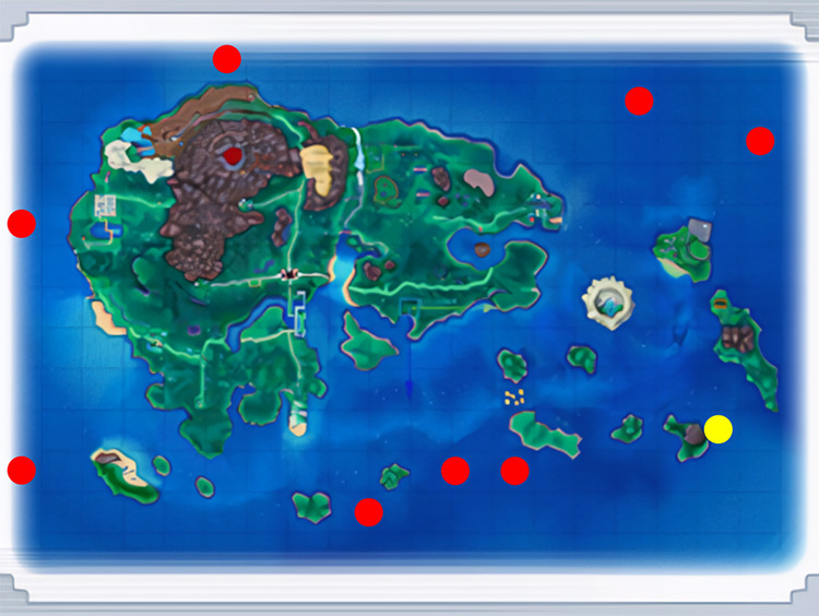 Crescent Isle (Yellow) and every Mirage Island’s (Red) locations / Pokémon ORAS