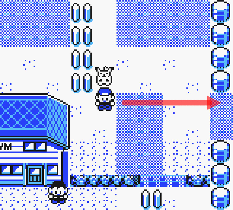 Next to the top of the Cerulean Gym and in between two sets of cylinders / Pokémon Yellow