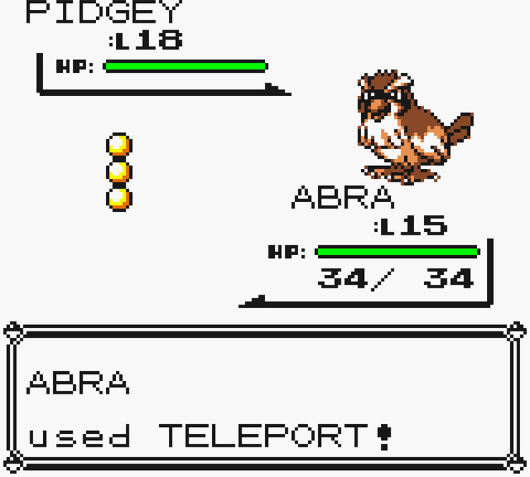 Abra using Teleport against a wild Pidgey / Pokémon Yellow