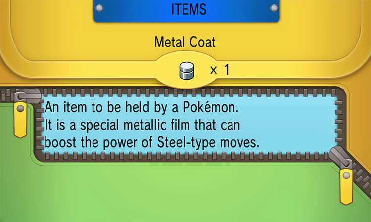 In-game details for Metal Coat / Pokémon ORAS
