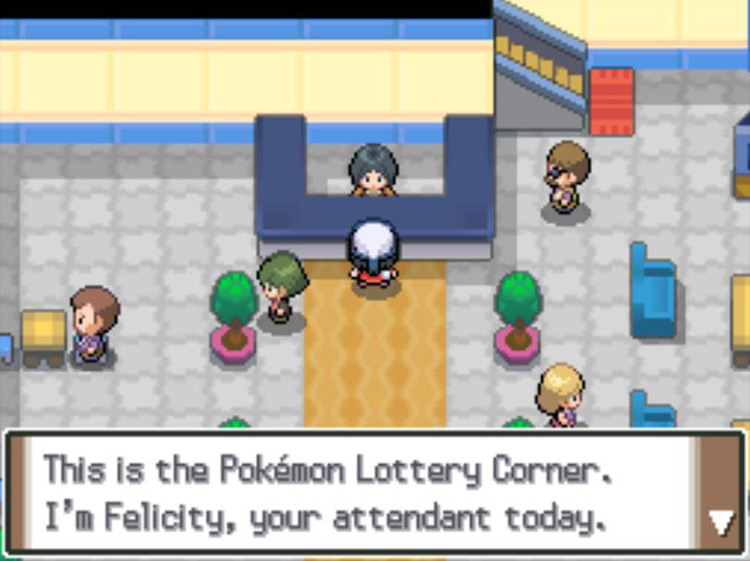 Speaking to Felicity to play the Lottery. / Pokémon Platinum