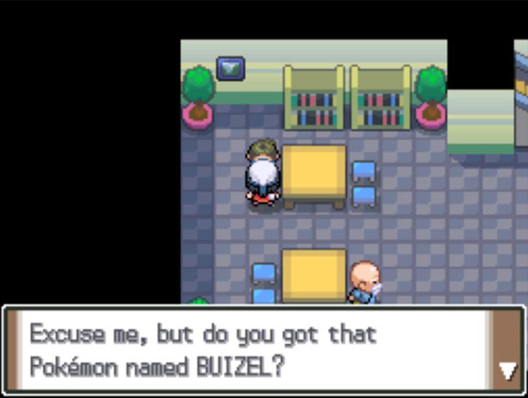 Speaking to Norton to initiate a trade. / Pokémon Platinum