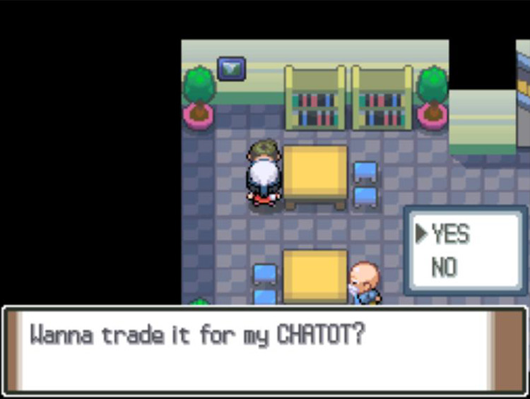 Agreeing to trade a Buizel for Norton’s Chatot. / Pokémon Platinum