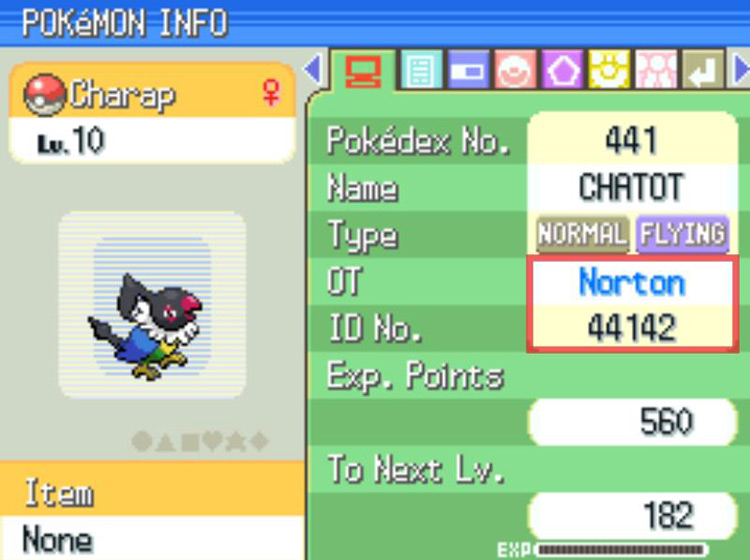 The newly-obtained Chatot with a new ID number. / Pokémon Platinum