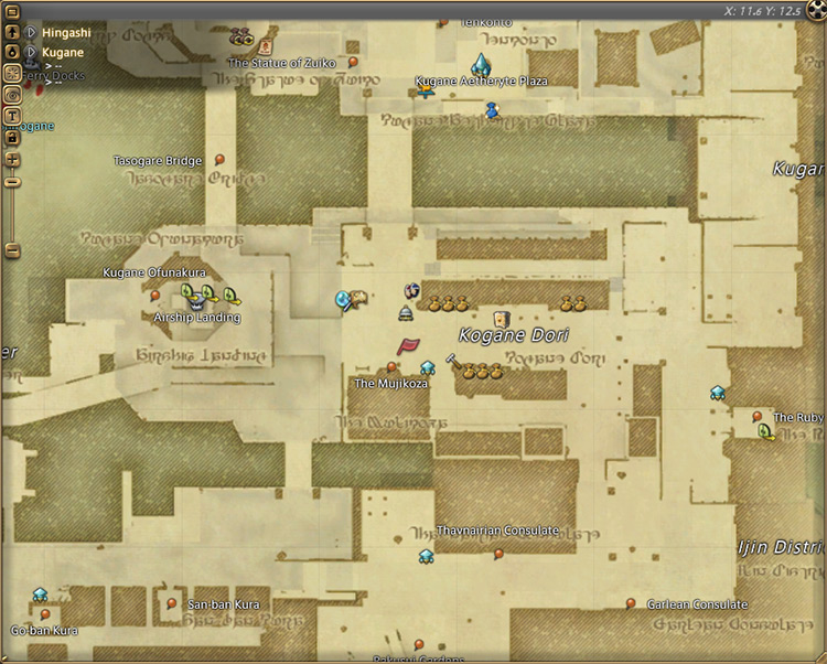 The Wandering Minstrel’s map location in Kugane / Final Fantasy XIV