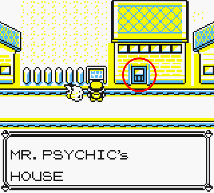 Standing in front of the sign to Mr. Psychic’s House in Saffron City. / Pokémon Yellow