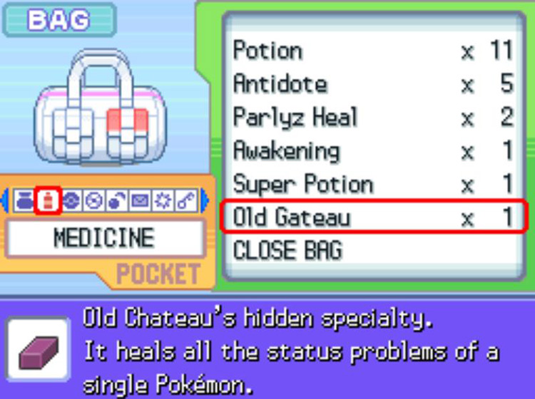 The in-game description of the Old Gateau. / Pokémon Platinum
