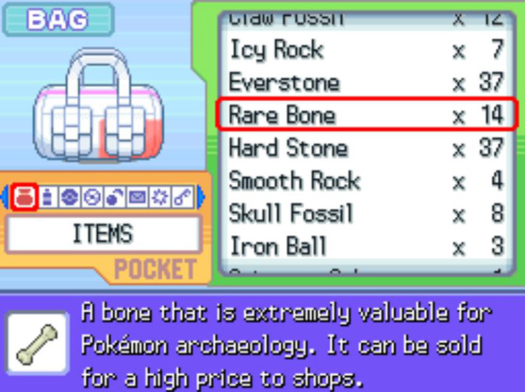 The in-game description of the Rare Bone. / Pokémon Platinum