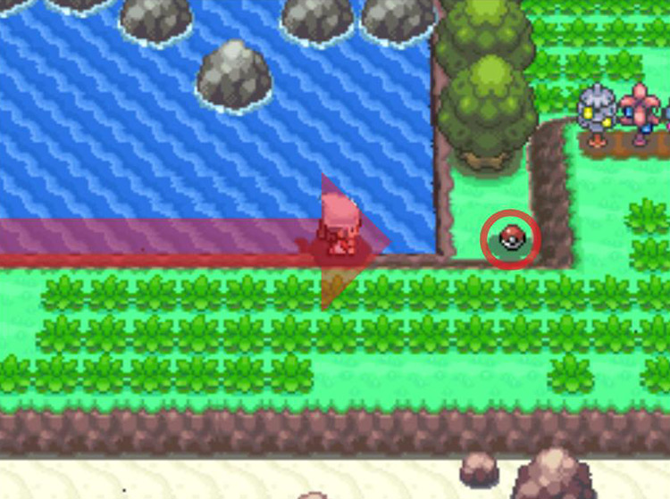 Approaching the Poké Ball item on Route 224. / Pokémon Platinum