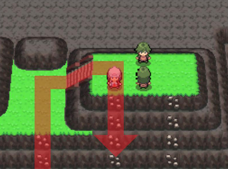 Descending the rocky wall to the left of the two trainers. / Pokémon Platinum