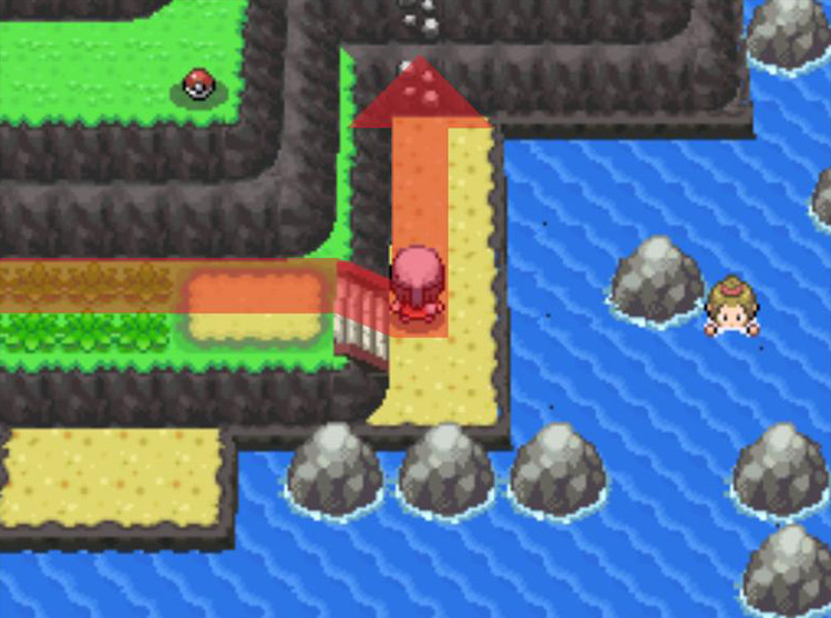 Climbing the rocky wall at the northern end of the sandbar. / Pokémon Platinum
