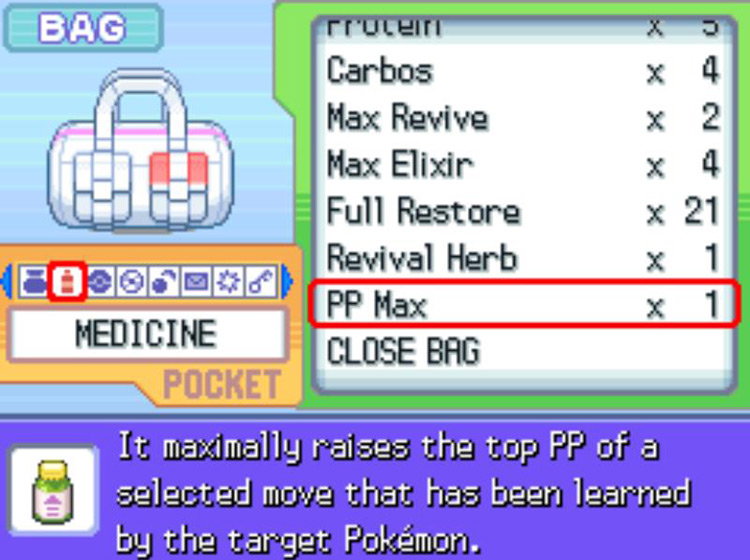 The in-game description of the PP Max. / Pokémon Platinum
