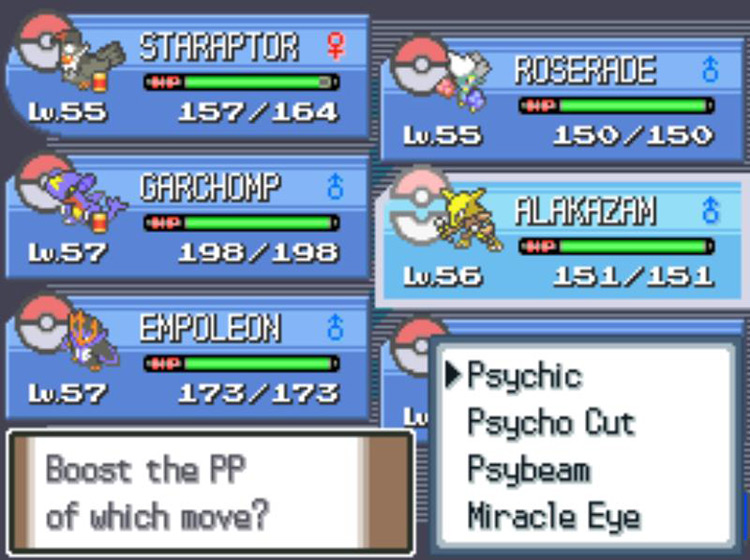 Choosing one of Alakazam’s moves to maximize its PP. / Pokémon Platinum