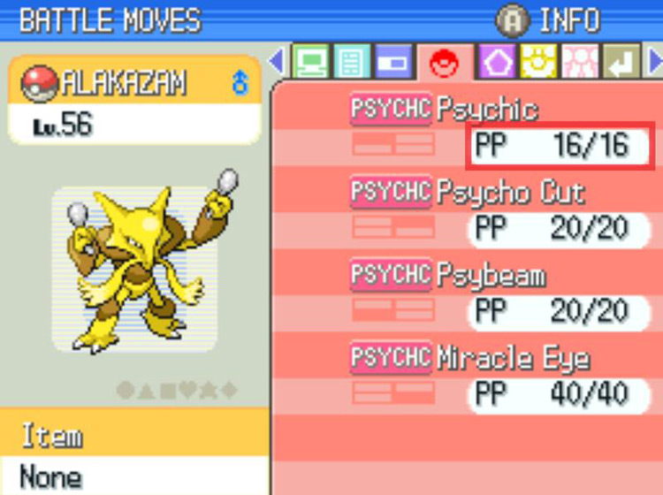 Boosting the PP of Psychic from 10 to 16, the maximum. / Pokémon Platinum
