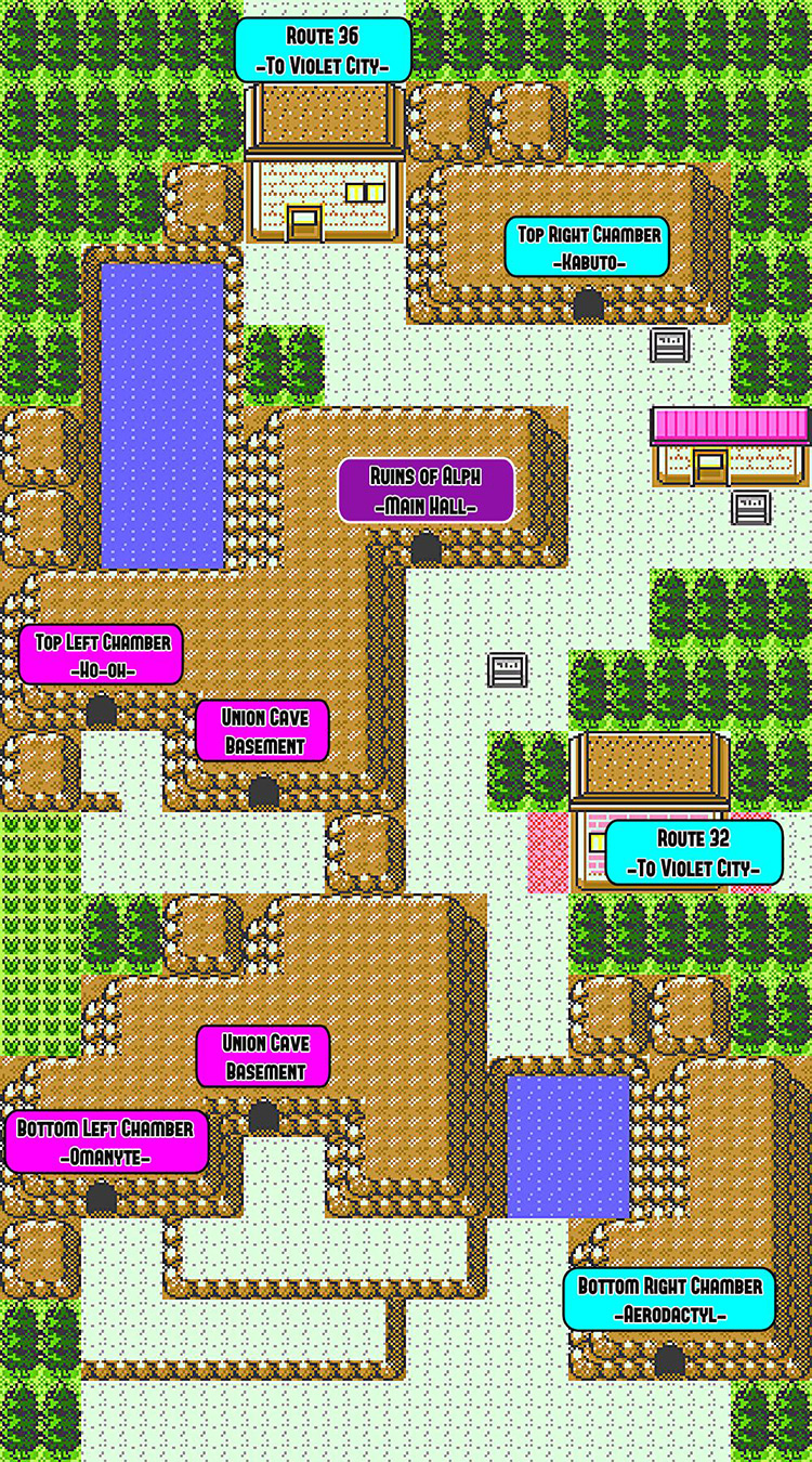 Map of the Ruins of Alph. Magenta = West. Cyan = East. / Pokémon Crystal