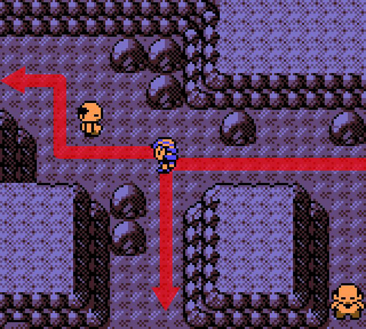 Fork in the Union Cave separating two Puzzle Chambers. / Pokémon Crystal