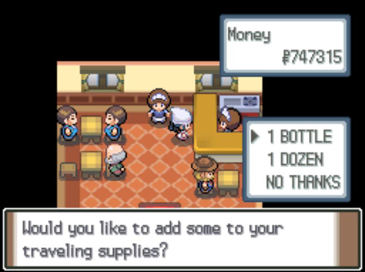 Purchasing bottles of Moomoo Milk at the Café Cabin. / Pokémon Platinum