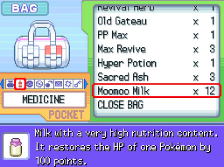 The in-game description of Moomoo Milk. / Pokémon Platinum